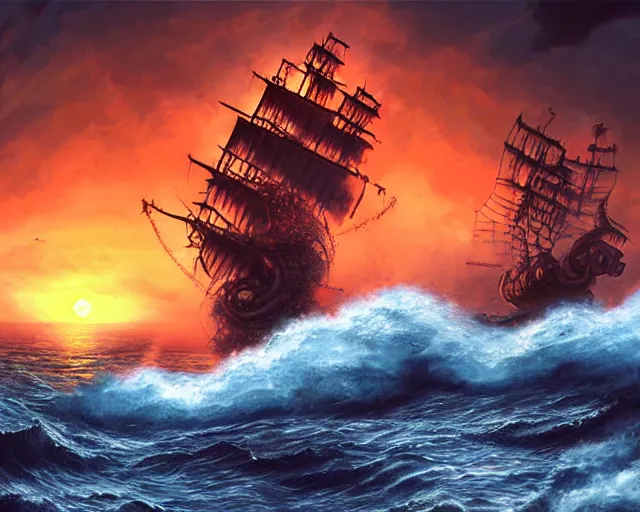 Prompt: Kraken destroying a pirate ship, tumultuous sea, sunset, digital art by dreamworks