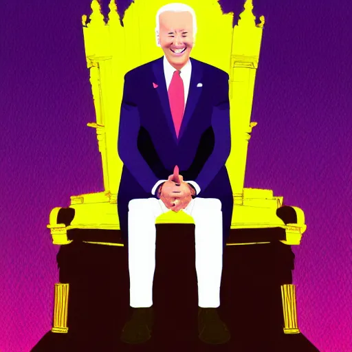 Image similar to joe biden sitting on a dark throne with red glowing eyes in vaporwave style by mad dog jones