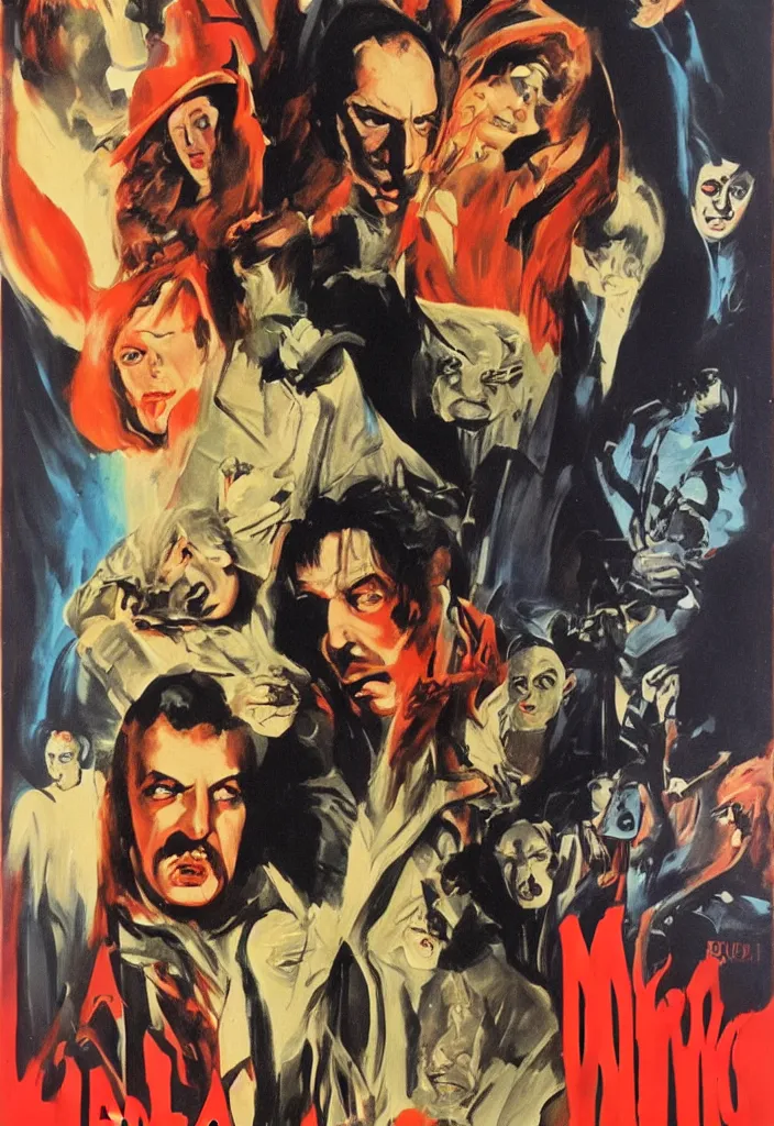 Image similar to 70s movie poster for movie by Mario Bava, with Vincent Price