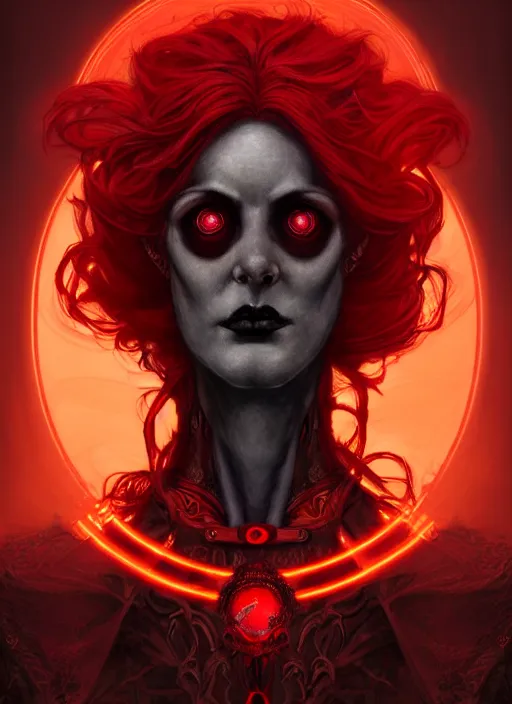 Image similar to the god hades, red hair, glowing eyes, volumetric lights, black and red scheme, art nouveau botanicals, gothic, intricate, highly detailed, digital painting, artstation, concept art, smooth, sharp focus, symmetric face, illustration, steampunk, art by artgerm and greg rutkowski and alphonse mucha