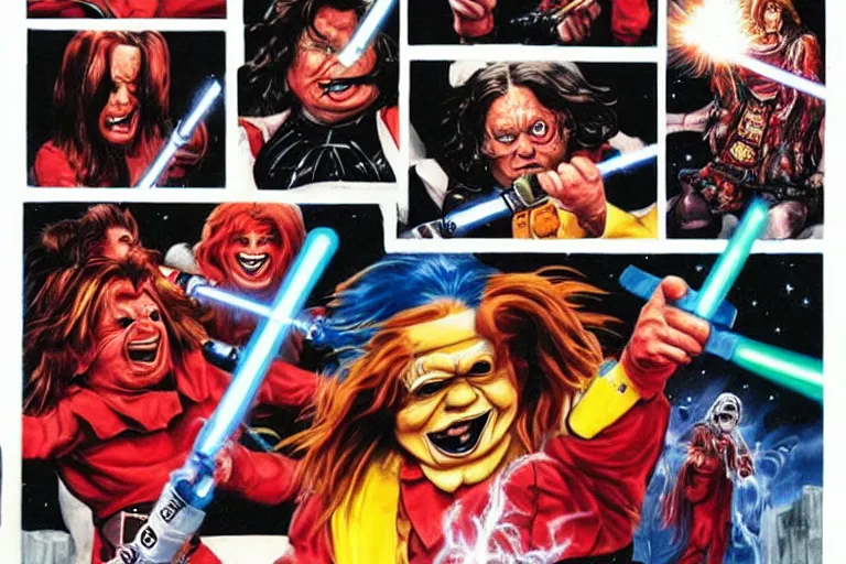 Image similar to ozzy osbourne fighting ronald mcdonald in a lightsaber duel