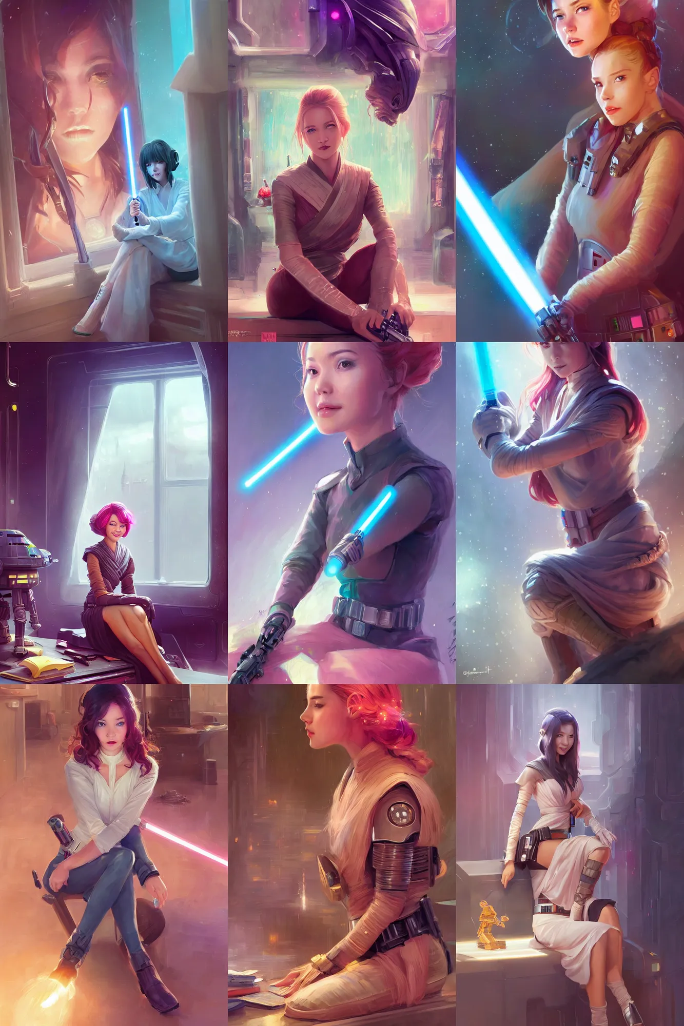 Prompt: a beautiful star wars girl sitting in her office | | cute - fine - subtle smile, colorful hair, face, pretty face, fine details by stanley artgerm lau, wlop, rossdraws, james jean, andrei riabovitchev, marc simonetti, and sakimichan, trending on artstation