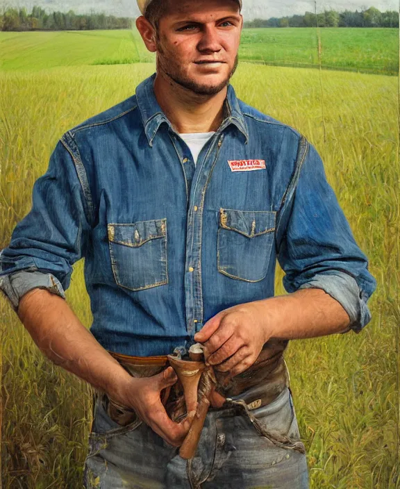 Image similar to portrait of a handsome young ohio farmer, art by denys tsiperko and bogdan rezunenko, hyperrealism