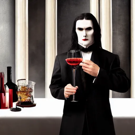 Prompt: vampire dressed in black and red formal clothing, with long black hair and a clean shaven face. the vampire is holding a glass of rewine and a lit match, sitting atop a catholic church altar. cinematic shot, poorly lit, ominous, photo.