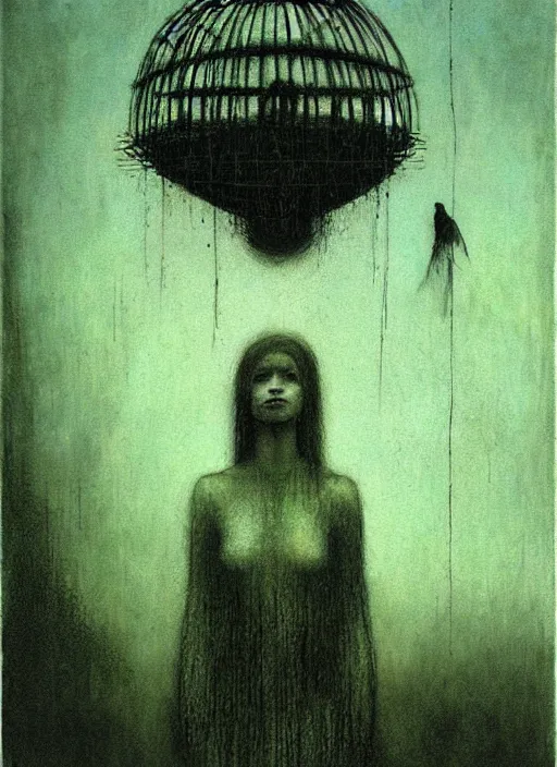 Image similar to girl inside birdcage by Beksinski