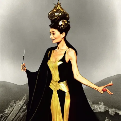 Image similar to an extremely detailed matte painting audrey hepburn as a powerfull sorceress in a resplendent black dress with gold and crimson trim and a long leg slit, in the style of magic the gathering, 8 k, sharp focus, detailed face, art by john collier and albert aublet and krenz cushart and artem demura and alphonse mucha