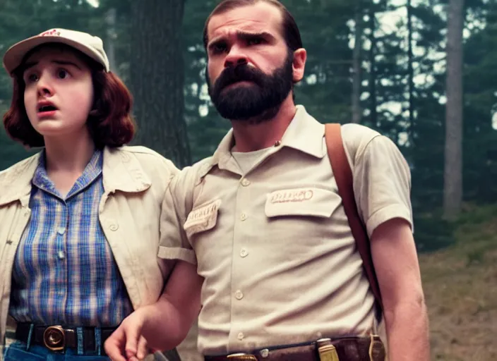 Image similar to film still of jim hopper as nancy wheeler in stranger things, 8 k