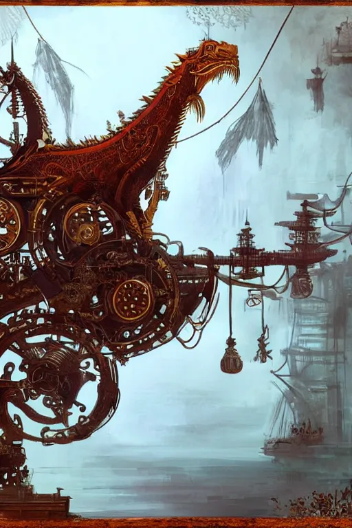 Image similar to illustration, old sick gold and crimsoned scaled asian style dragon on a steam punk plank of machinery with wires and gears and steam punk apparatus, matte painting, style of studio ghibli, concept art, featured in artstation and artgerm and pixiv, award winning, cinematic, 8 k