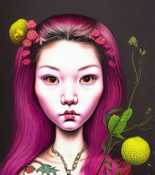 Prompt: portrait of a flowerpunk girl's face, lowbrow painting by mark ryden and hiroyuki mitsume - takahashi