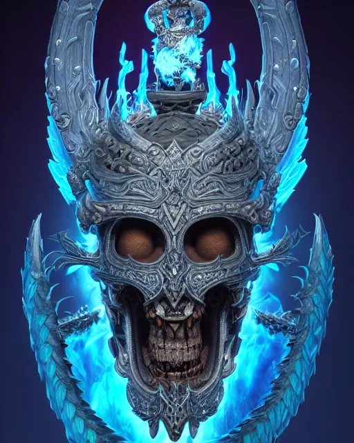 Prompt: 3 d ornate carved lich king with tattoos profile portrait, sigma 5 0 0 mm f / 5. beautiful intricate highly detailed quetzalcoatl skull. bioluminescent, plasma, lava, ice, water, wind, creature, thunderstorm! artwork by tooth wu and wlop and beeple and greg rutkowski, 8 k trending on artstation