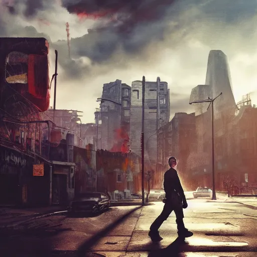 Image similar to fallout 5, charismatic david bowie, portrait, outdoors ruined cityscape, atmospheric lighting, painted, intricate, volumetric lighting, beautiful, daytime, sunny weather, slight overcast, sharp focus, deep colours, ultra detailed, by leesha hannigan, ross tran, thierry doizon, kai carpenter, ignacio fernandez rios