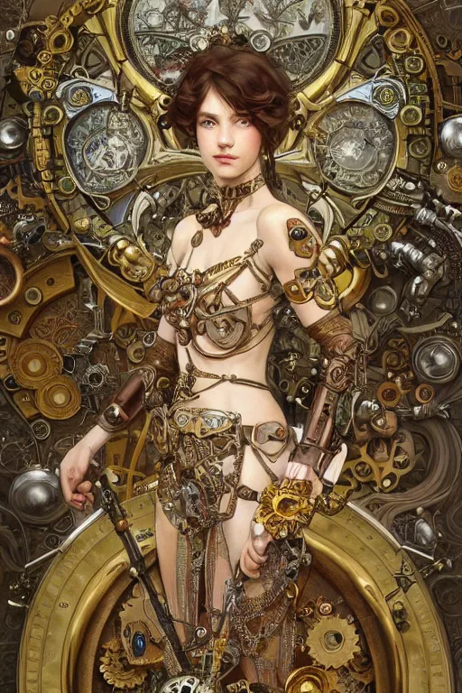 Prompt: beautiful portrait of a steampunk warrior girl wearing a detailed armour of jewels and gold bugs and fantasy beetles , huge mechanical clocks, surrounded by art nouveau mushrooms and vegetation , intricate details, realistic shaded , steampunk, highly detailed, artstation, pretty face, illustration by alphonse mucha and Greg Rutkowski and Ruan Jia, art nouveau, octane render