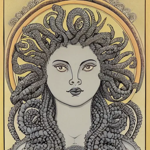 Prompt: detailed, portrait of medusa looking into space, surrounded by lotus flowers and geometry