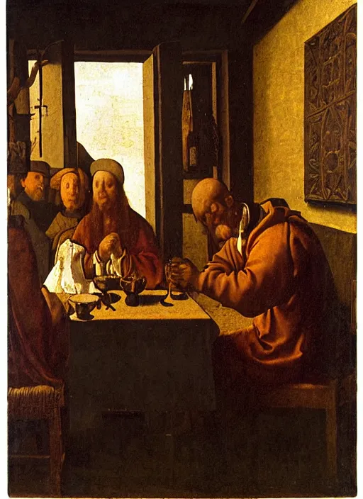 Image similar to a candlelit table at the inn, two people sitting at the table, swirling smoke, dark smoke, realistic, in the style of leonardo da vinci, dutch golden age, amsterdam, medieval painting by jan van eyck, johannes vermeer, florence