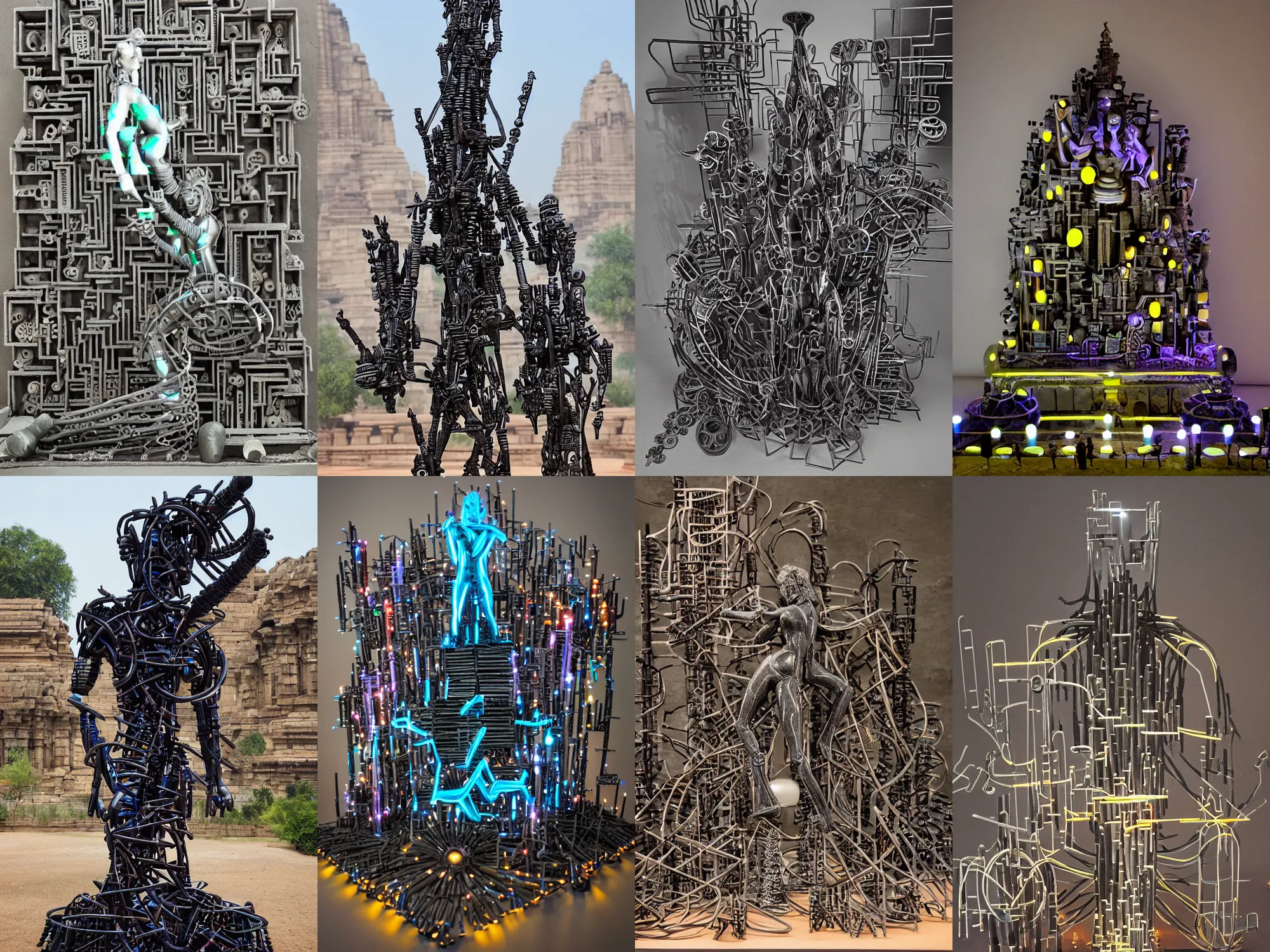 Prompt: epic dark studio tron sculpture shooting at Khajuraho, black, octane, rimlight, by david lachapelle, godes sculpture, made from matchsticks Shiva, veins, vibrant, flat shaped chrome relief, fossil, MINIATURE CITY, mechanic bionic fungus flower mechabot, maze, tubes, joints, buttons, gears, relief by Goga Tandashvili, by Wayne Barlowe, cinematic