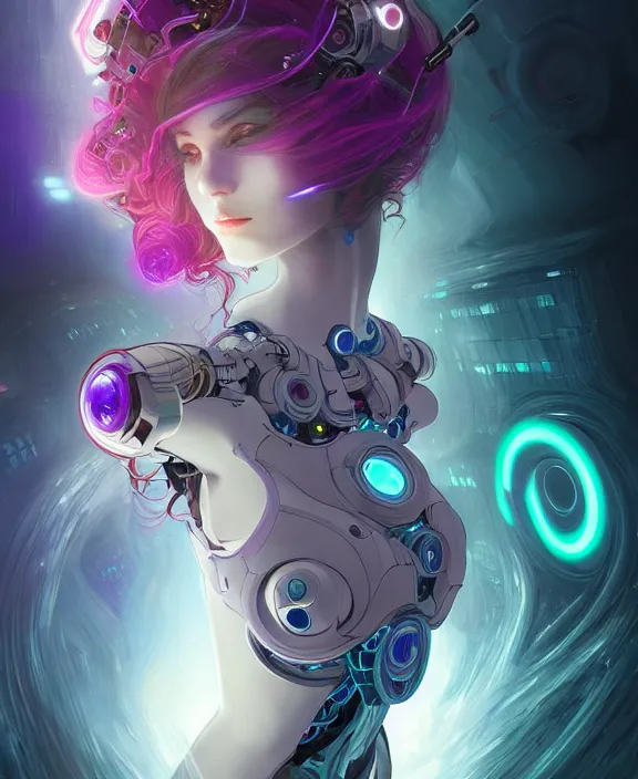 Image similar to whirlwind souls rushing inside metaverse, half body, glowin eyes, tiara, robotic, android, cyborg, cyberpunk face, by loish, d & d, fantasy, intricate, elegant, highly detailed, colorful, vivid color, digital painting, artstation, concept art, art by artgerm and greg rutkowski and alphonse mucha and ruan jia