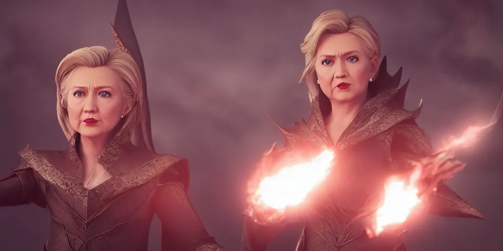 Image similar to hilary clinton as an evil elven princes casting a fireball anime style, moody lighting, octane render