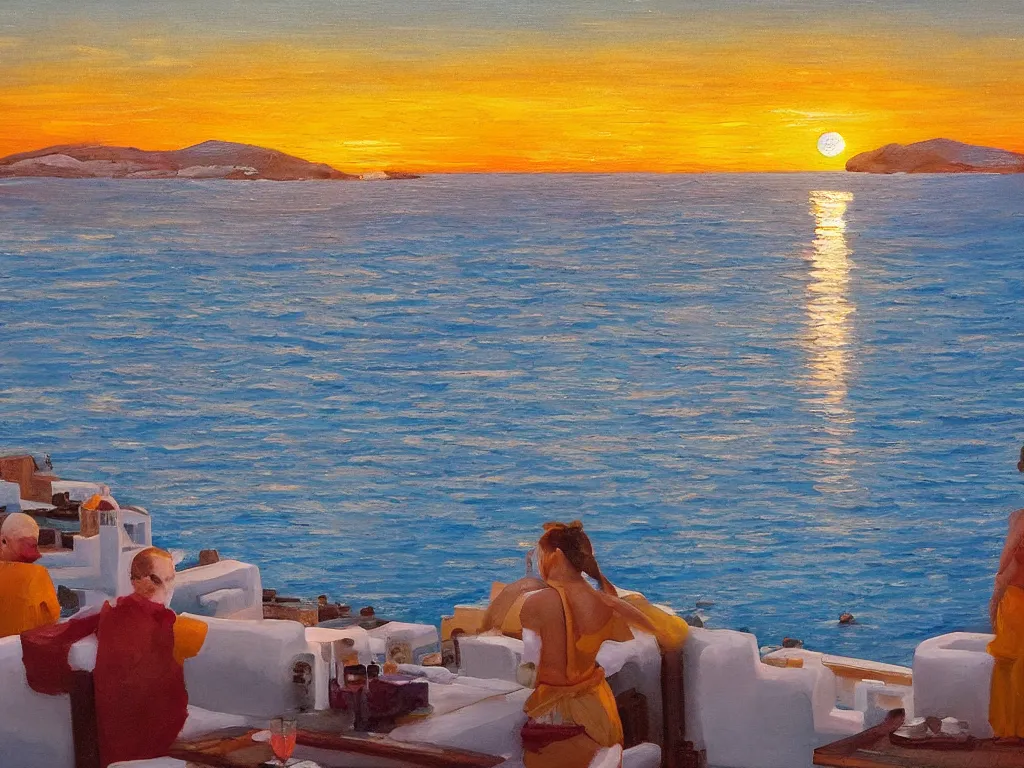 Image similar to an oil painting of a beautiful sunset overlooking the mediterranean from buddha bar in mykonos, background of millions of normal curves