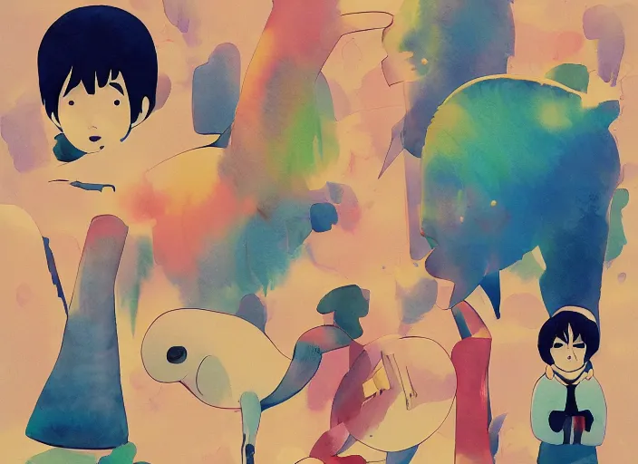 Prompt: stunning clarity experimental studies of the protagonist's best friend by masaaki yuasa, pleasing palette watercolor and mixed media shape design