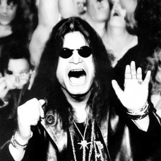Prompt: ozzy osbourne on a stage with a huge crowd cheering for him
