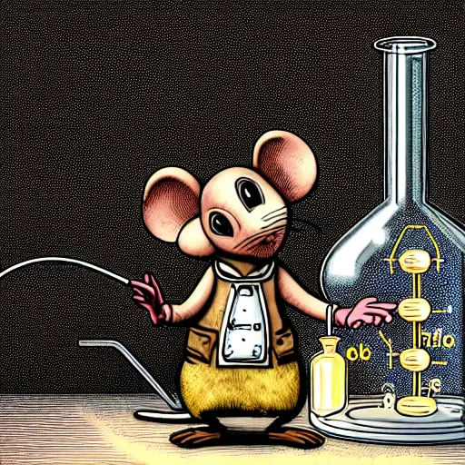 Image similar to anthropomorphic steampunk mouse performing a chemistry experiment with bright radioactive beakers, realistic, chiaroscuro, renaissance art, realistic, intricate textures