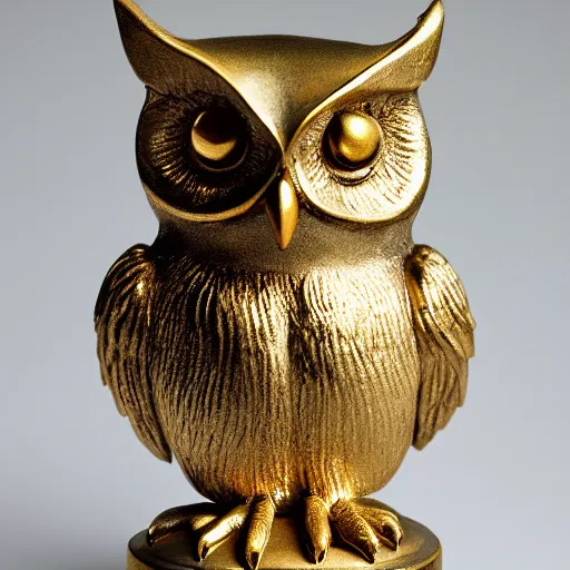 Prompt: A golden statuette of an owl. White Background.