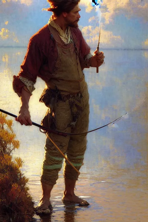 Image similar to attractive man, fishing, cool colors, painting by gaston bussiere, craig mullins, greg rutkowski, alphonse mucha