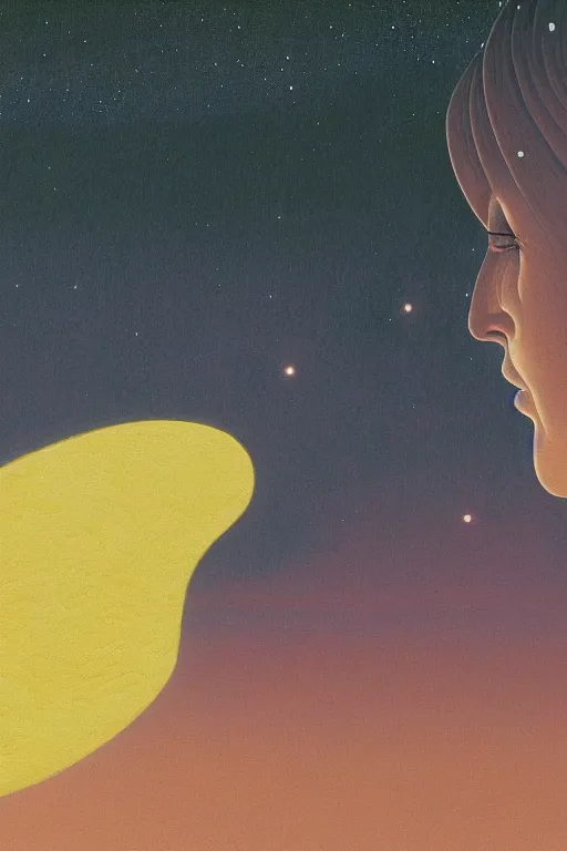 Image similar to a scifi closeup portrait of a young british woman licking a blotter paper of LSD acid on his tongue and dreaming psychedelic hallucinations in cosmos, by kawase hasui, moebius, Edward Hopper and James Gilleard, Zdzislaw Beksinski, Steven Outram colorful flat surreal design, hd, 8k, artstation