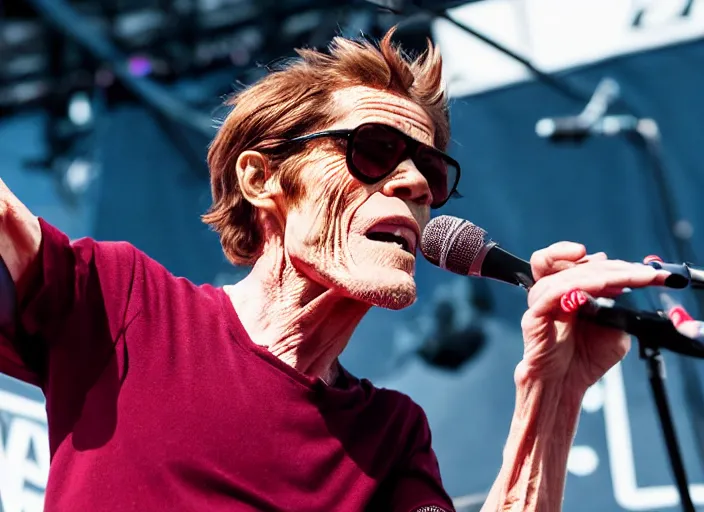 Prompt: photo still of willem dafoe on stage at vans warped tour!!!!!!!! at age 4 0 years old 4 0 years of age!!!!!!! singing into a mic, 8 k, 8 5 mm f 1. 8, studio lighting, rim light, right side key light