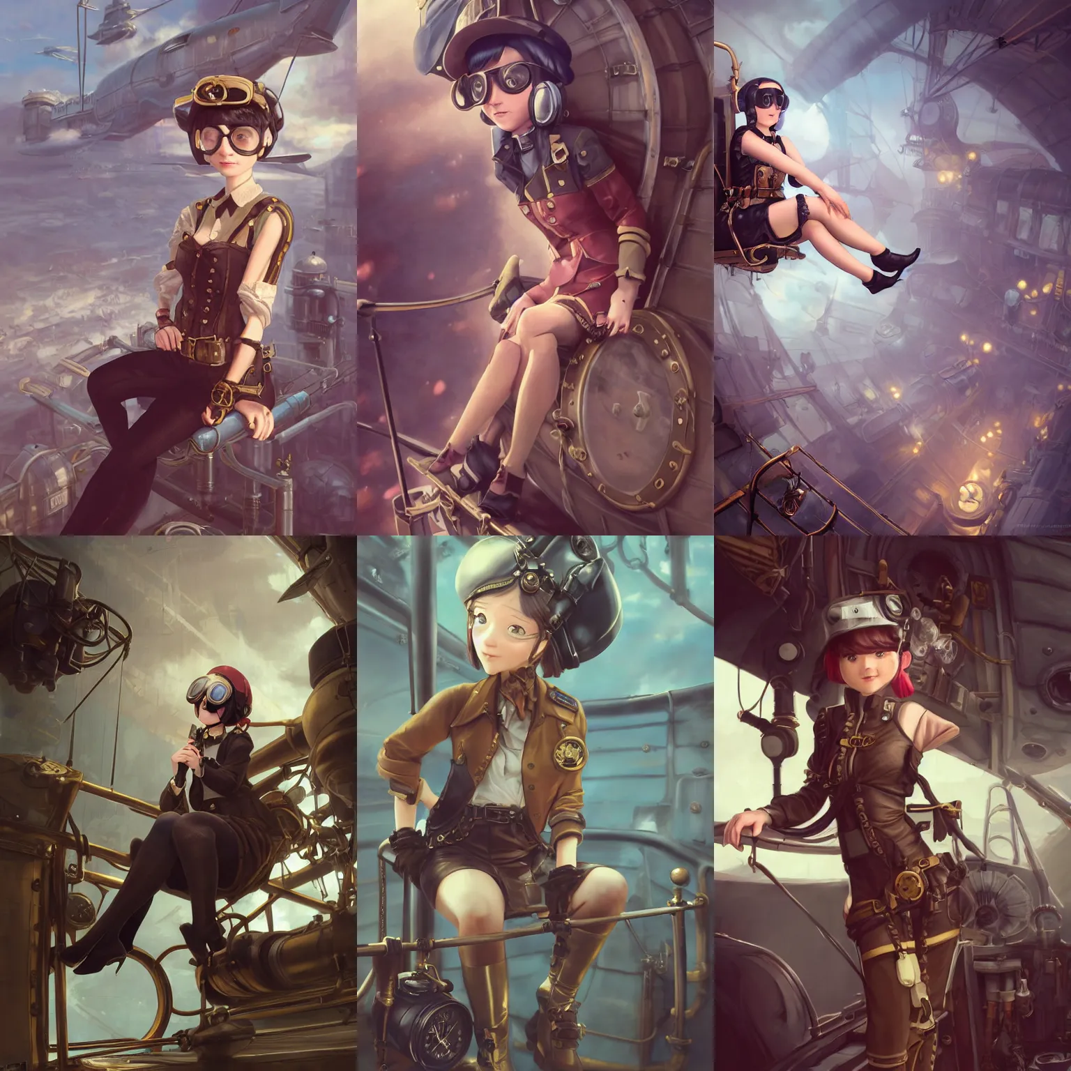 Prompt: a portrait of a cute woman in an air pirate outfit with black bob cut hair and brass safety goggles, sitting on the railing of an airship, steampunk setting, gears, steam, mist, vivid colors, soft lighting, atmospheric, cinematic, moody, in the style of Ilya Kuvshinov and Range Murata, Krenz Cushart, oil on canvas, 8k