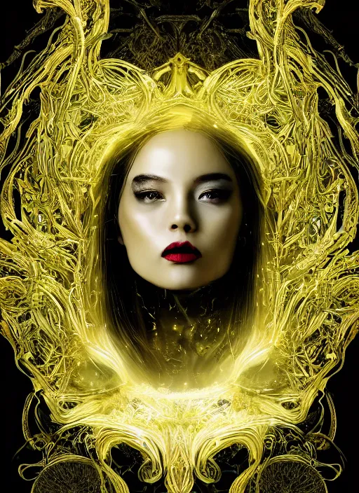 Image similar to glowing silver and golden elements, full close-up portrait, vector dark witch from unsplash, book cover, green forest, white moon, red lips, establishing shot, extremly high detail, photo-realistic, cinematic lighting, pen and ink, intricate line drawings, by Yoshitaka Amano, Ruan Jia, Kentaro Miura, Artgerm, post processed, concept art, artstation, matte painting, style by eddie mendoza, raphael lacoste, alex ross