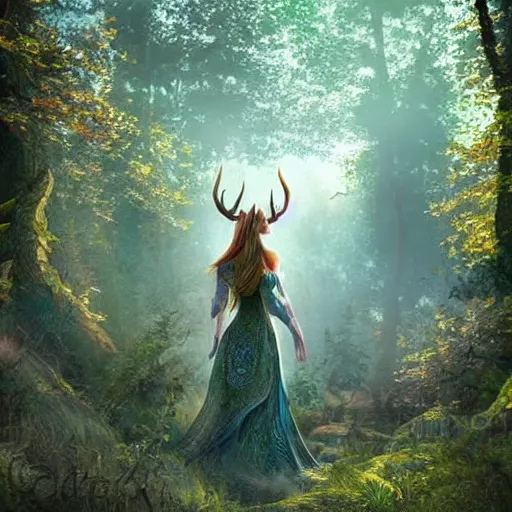 Image similar to beautiful hyper realistic elven, celestial highly detailed stag, in a beautiful highly detailed forest background. sunlight rays throught the trees. fantasy art, concept art 8 k rendering.