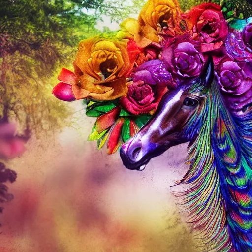 Prompt: a horse made of multi-colored roses being ridden by a friendly iridescent peacock, down an suburban street lined with old trees, shady and sunny, digital art, 3D render, trending on artstation.