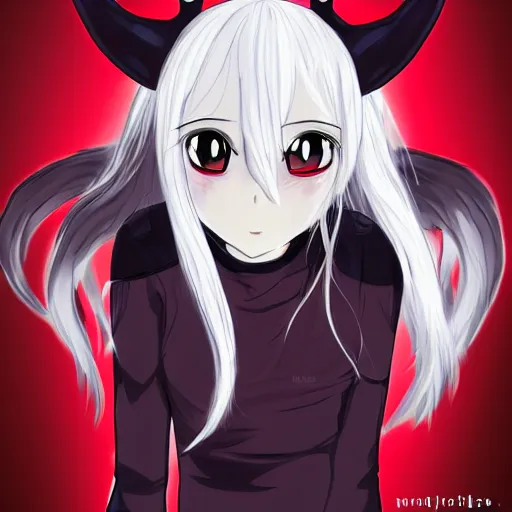 Prompt: white hair, red eyes, two small horn on the head, anime style, anime girl, demon horns on head