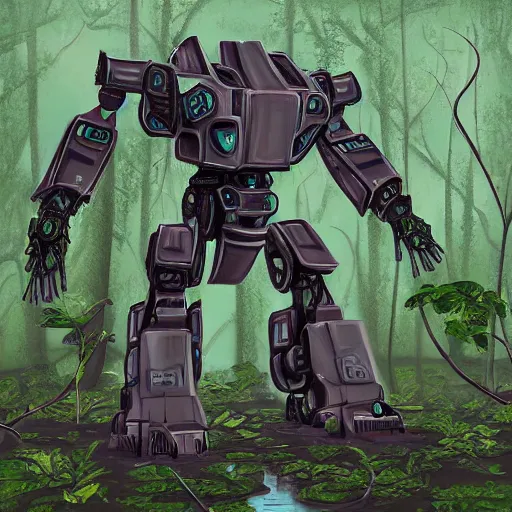 Image similar to giant metallic mech robot in the middle of a swamp, covered in many leaves and vines, digital painting, art