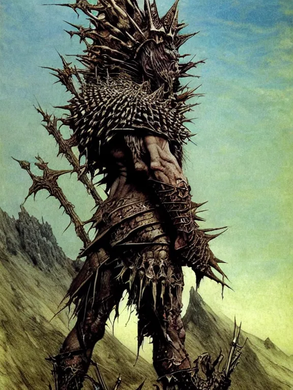Image similar to A powerful large orc with pale skin covered in scars stands near the mountains, wearing spiky complex detailed armor without a helmet. Extremely high detail, realistic, fantasy art, scars, solo, masterpiece, saturated colors, art by Zdzisław Beksiński, Arthur Rackham