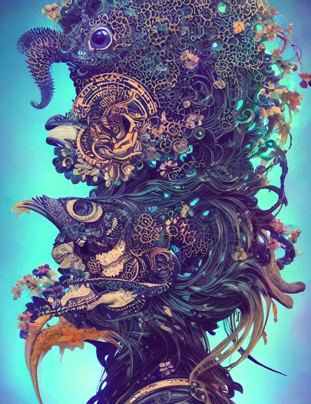 Image similar to 3 d goddess close - up profile solarpunk portrait ram skull. beautiful intricately detailed japanese crow kitsune mask and clasical japanese kimono. betta fish, jellyfish phoenix, bio luminescent, plasma, ice, water, wind, creature, artwork by tooth wu and wlop and beeple and greg rutkowski