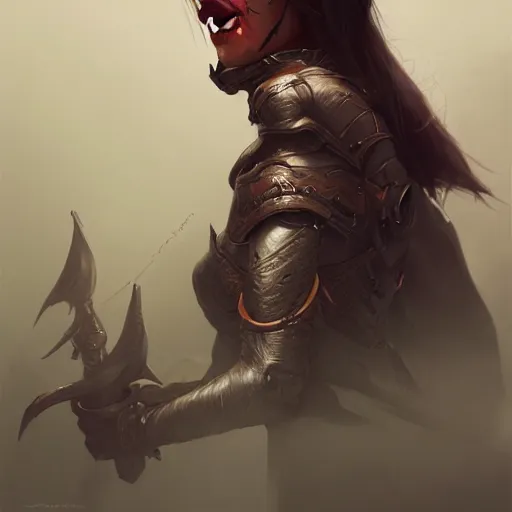 Prompt: trending on artstation, dhamphir, vampire, character design, concept art, style of greg rutkowski, face, plate armor, fantasy, highly detailed, digital art, female