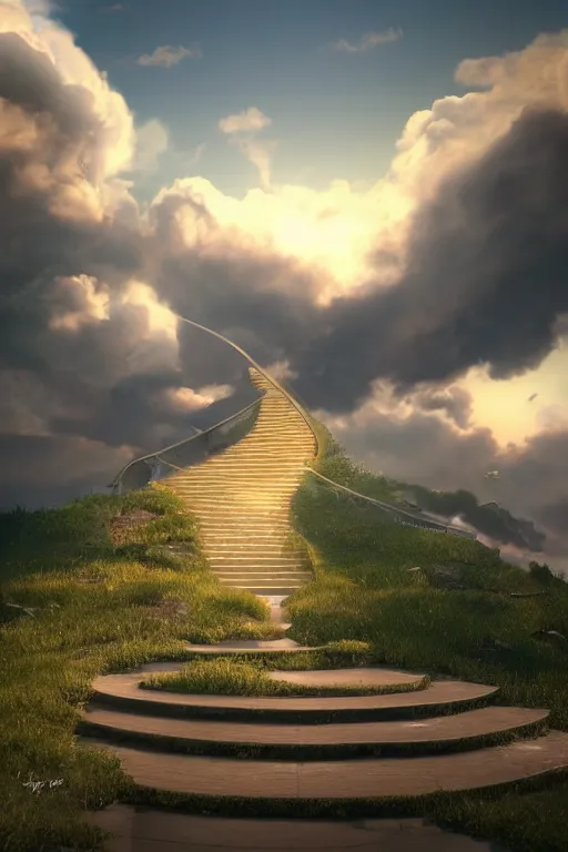 Image similar to infinite stairs rising to the heaven in the middle of the sky, concept art, octane render, unreal engine 5, digital painting, hyperrealistic, highly detailed, high quality, 8 k hdr, digital art, clouds in the sky, breathtaking view, path traced, god, godrays, beautiful, elegant, harmonious, complementary colors, natural lighting