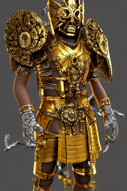 Image similar to Ancient Aztec warlord wearing Gold plated armor adorned with jewels in the shape of skulls, still photography, ray tracing, reflection, 3D Model, Unreal Engine 5, 4k Image