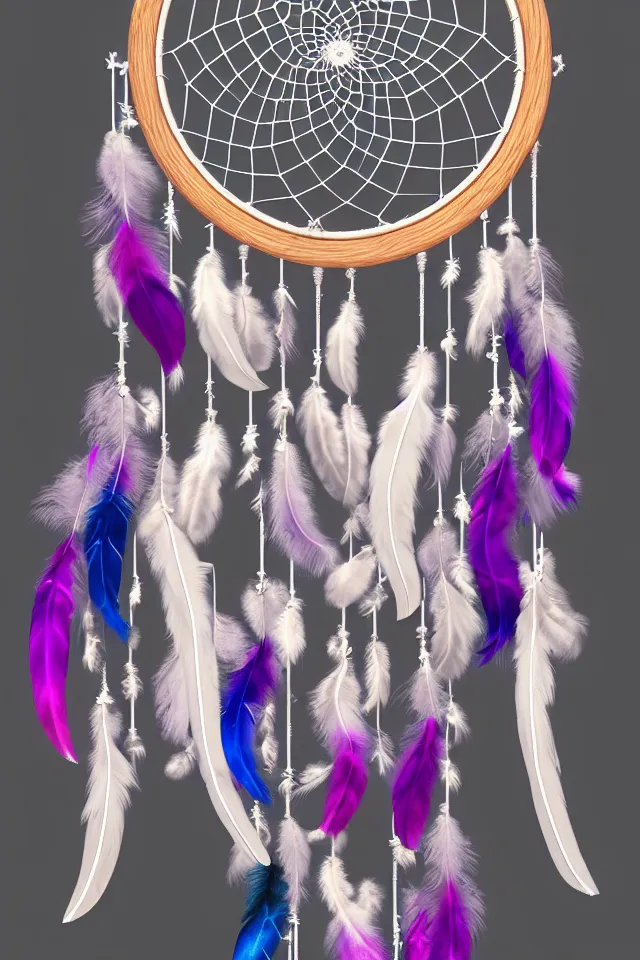 Image similar to a beautiful and intricate dreamcatcher made from bone and gnarled wood and blue and purple feathers, twisting, twirling, loops, hexagonal shapes, concept art, highly detailed, realistic, ornate, fine detail, 4k, octane render, vray, unreal engine