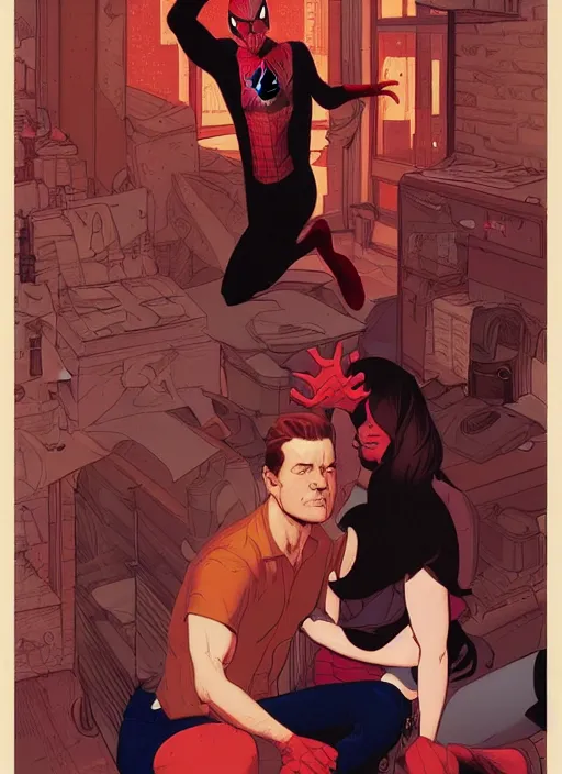 Image similar to poster cover artwork by Michael Whelan and Tomer Hanuka, John Romita Jr of Spiderman and Mary Jane, from scene from Twin Peaks, dramatic lighting, Marvel, clean, simple illustration, nostalgic, domestic, full of details