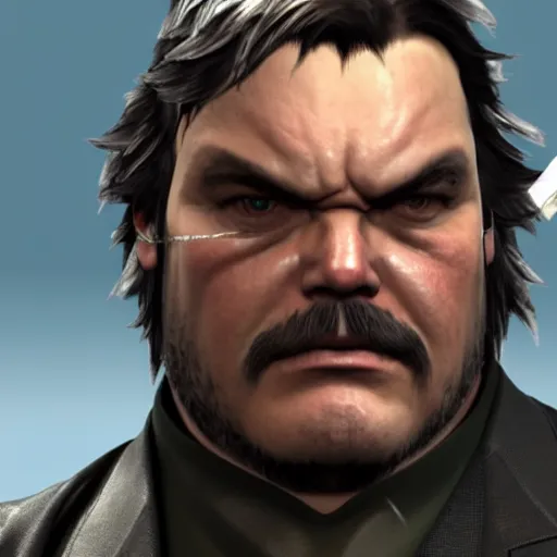 Image similar to Jack Black as a Metal Gear Solid Villain 2005 JRPG cinema 4d render, Ray tracing reflection, natural lighting, Unreal Engine award winning photography