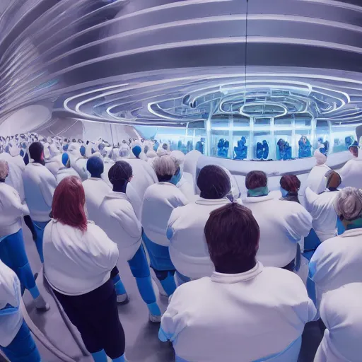 Image similar to unorganized crowd of angry chubby women, white hair, tight light blue neopren space uniforms, futuristic production facility, sci - fi, highly detailed, cinematic