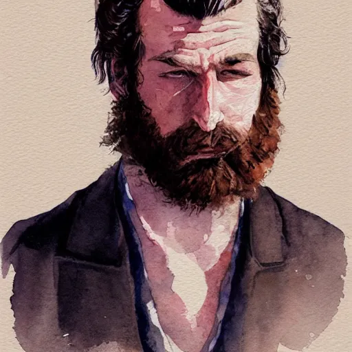 Image similar to Portrait of a handsome man with mutton chops, pale face, run down, sleepy, baggy eyes, watercolor, brushstrokes, high detail, artstation