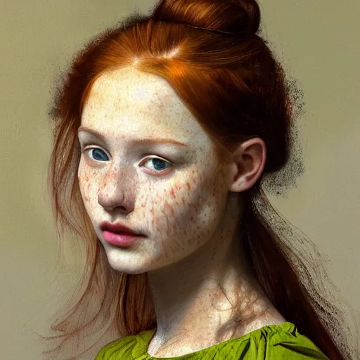 Image similar to portrait of a red haired girl, long hair, green eyes, hint of freckles, beautiful round face, soft amazed smiles, among golden fireflies, highly detailed, deep focus, elegant, digital painting, smooth, sharp focus, golden ratio, illustration, ultra realistic, 8 k, art by artemisia lomi gentileschi and caravaggio