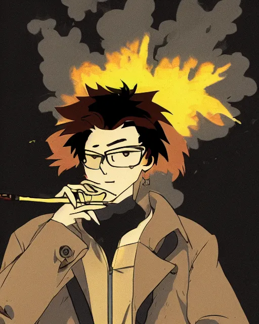 Image similar to a fox in a black trench - coat, smoking a cigarette in front of a huge explosion in the middle of a war, style of anime