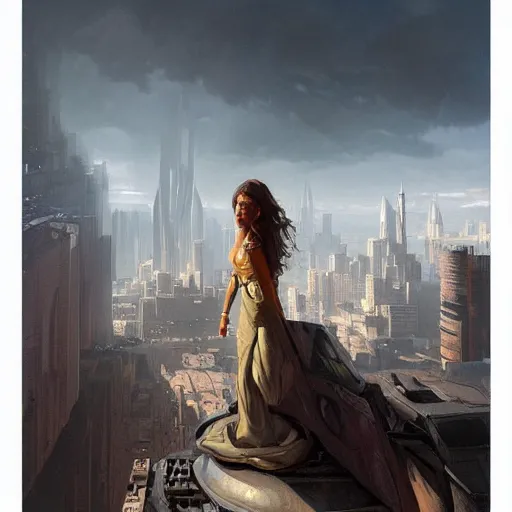 Image similar to ifirst person perspective in a city looking up at the sky to see god's female face looking down at you, doom, fantasy illustration, by greg rutkowski