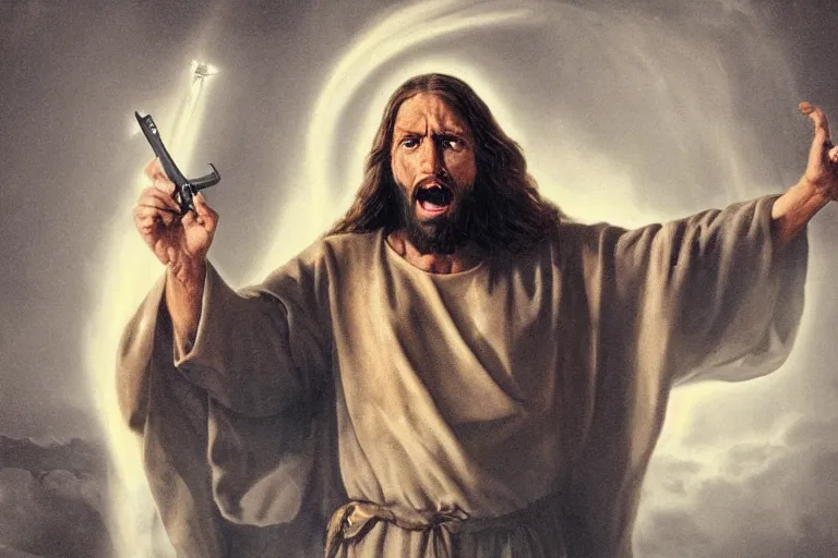 Prompt: real life photo of angry Jesus Christ brandishing a pistol shooting the devil satan lucifer, 8k, hyperrealistic, very detailed, clean, professional photography, epic composition, side profile, high contrast