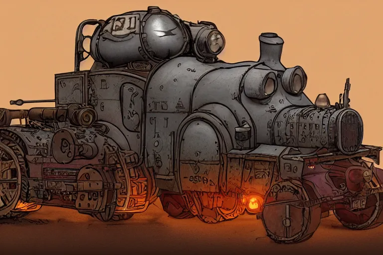 Prompt: hellfire thomas the tank, mad max, in the style of hannes bok and doug chiang and vernon grant, trending on artstation, back lighting rear view steampunk, blueprint, muted colors, gothic, tachisme